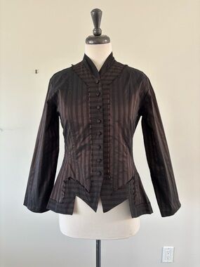 SPIRITHOUSE Button Up Artsy Shirt Jacket Top Brown/Burgundy Stripes Fitted SMALL
